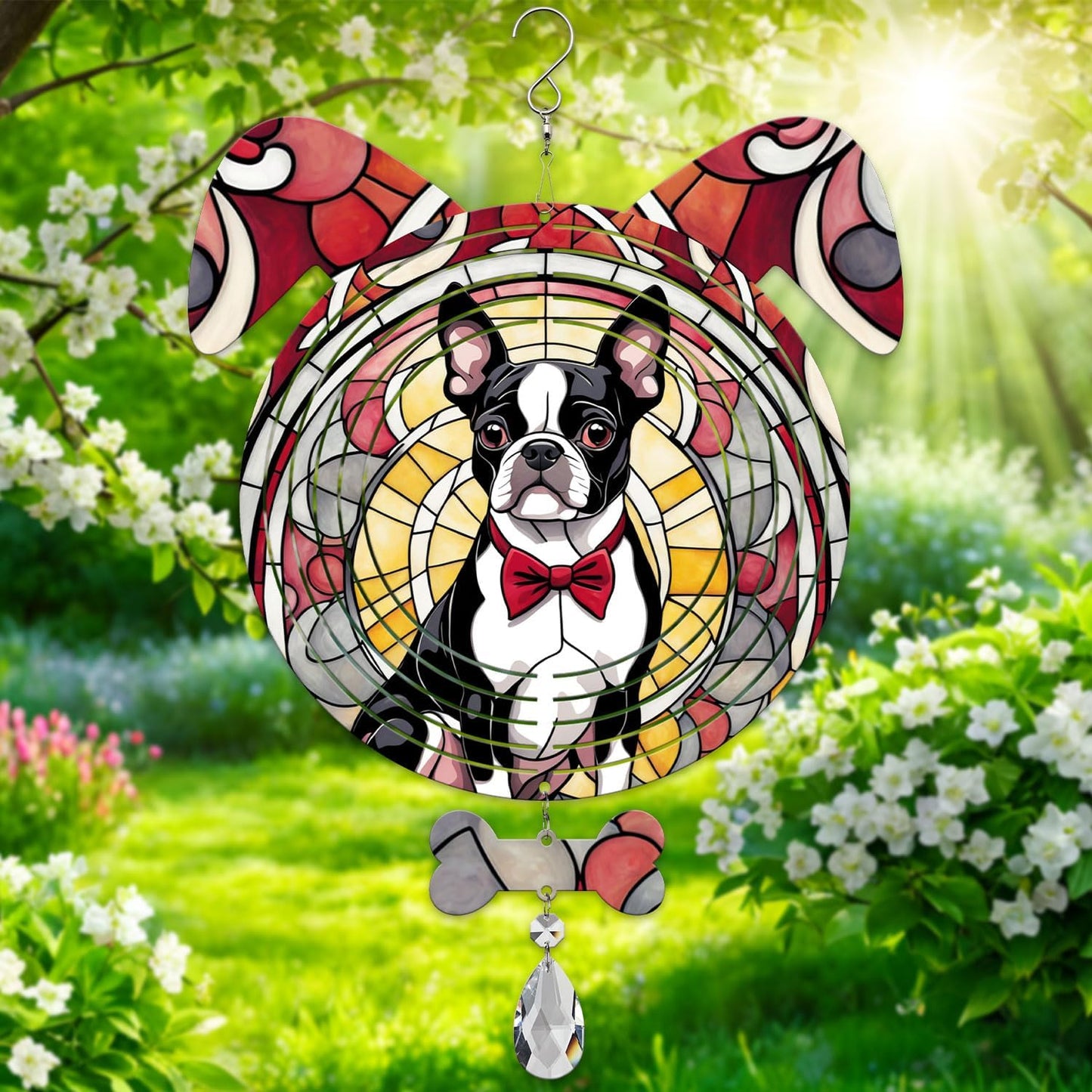Boston Terrier Dog Ears Wind Spinner, Boston Terrier Wind Spinner Hanging for Yard and Garden V02