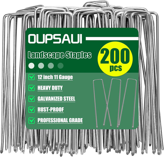 12 Inch 11 Gauge Galvanized Landscape Staples Stakes for Decoration, 25/100/200pcs Garden Metal Stakes for Weed Barrier Fabric, Fence Stakes, Tent Stakes (12in, 200pcs)