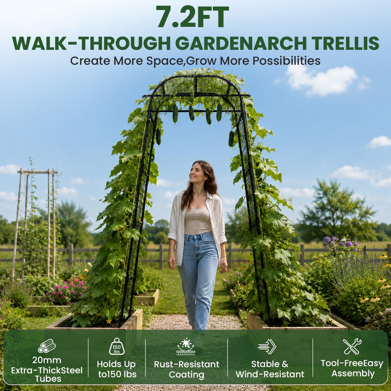 Heavy Duty Garden Arch Trellis for Climbing Plants, 20mm Thick Rustproof Metal Frame, Easy Assembly