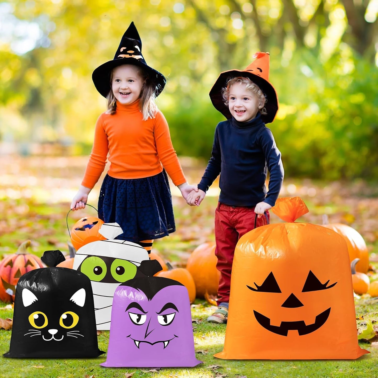 CNhoqc Halloween Lawn Leaf Bags - 8Pcs Halloween Theme Pumpkin Black Cat Ghost Mummy Patterns Waste Bags with Twist Ties, Large Grass Plastic Trash Container for Garden Outdoor Halloween Decorations