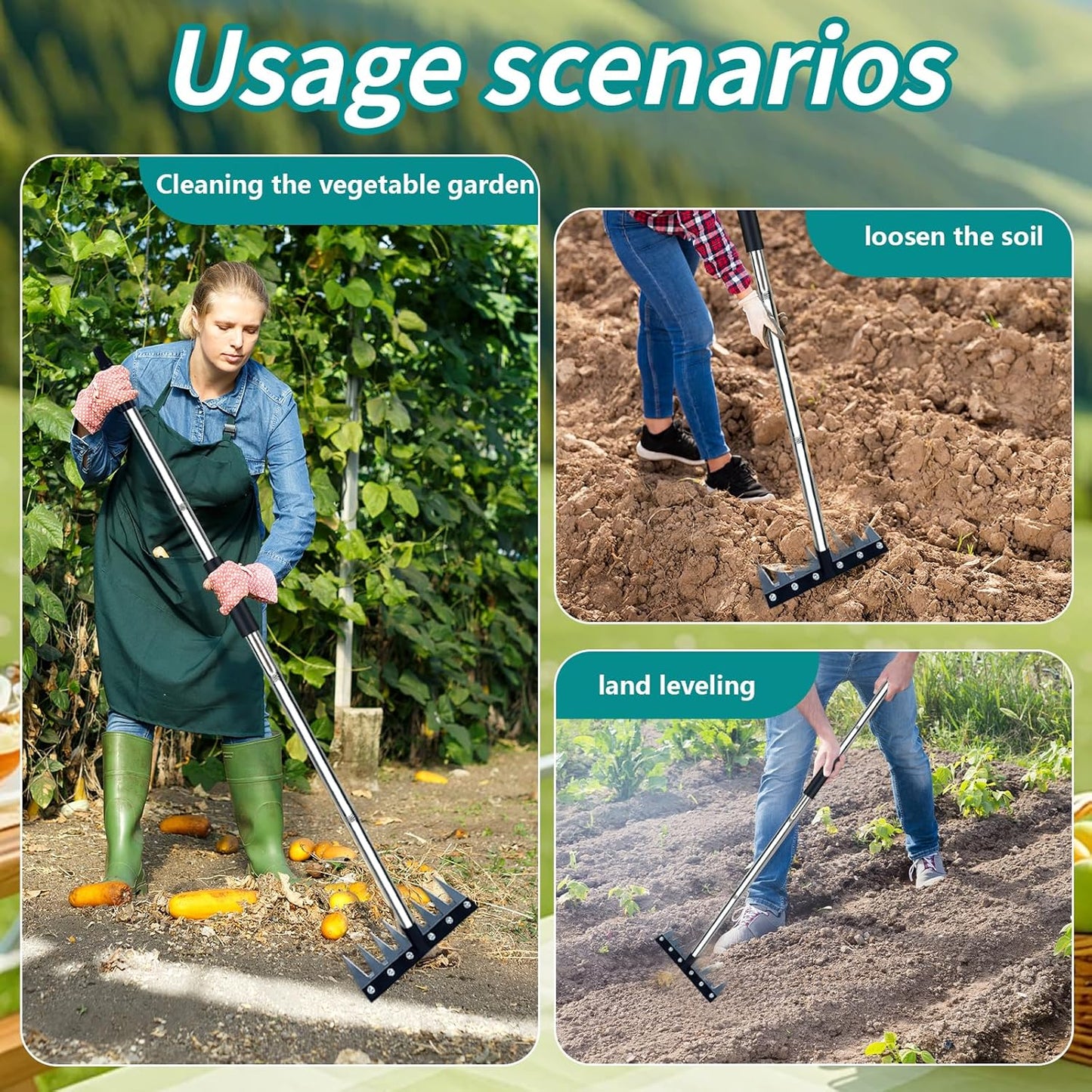 Garden Rake, 8 Tines Garden Weeding Rake with Sharp Blade with Steel Adjustable Handle (31'' to 63''), Garden Weed Puller Tool for Clearing Weed, Loosening Soil and Flower Beds