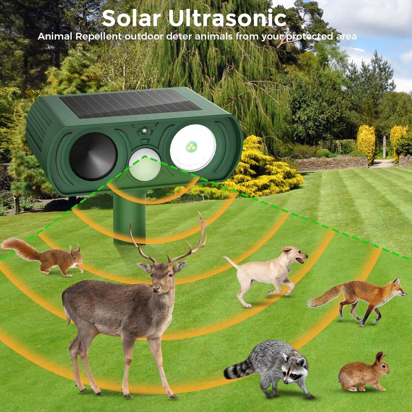 Upgraded Solar Ultrasonic Animal Repellent Outdoor, Deer Repellent Devices Motion Detection, Waterproof Cat Squirrel Skunk Raccoon Dog Bird Deterrent with Flash Lights for Yard Farm Garden Patio
