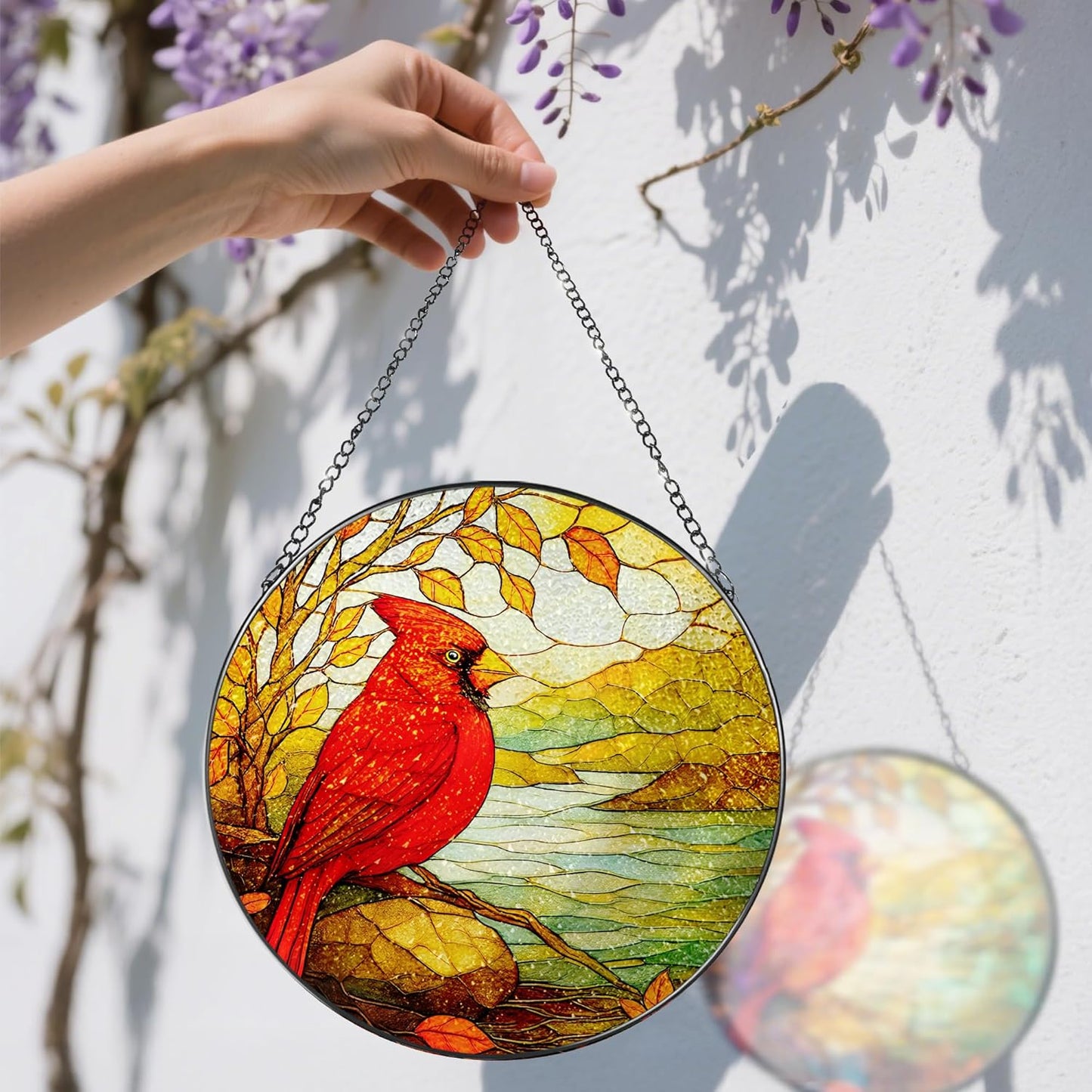 Stained Glass Window Hanging, 8 Inch Cardinal Stained Glass Suncatcher, Memorial Sun Catchers Indoor Window, Memorial Gifts, Sympathy Gift for Loss, Red Bird Decor, Cardinal Gift