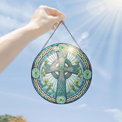 FLAGWIX Christmas Irish Gifts for Women Men - Stained Glass Hanging Suncatcher 10 in - Birthday Christmas Irish Decorations for Family Friends, Celtic Cross Home Decor, St Patricks Day Decorations