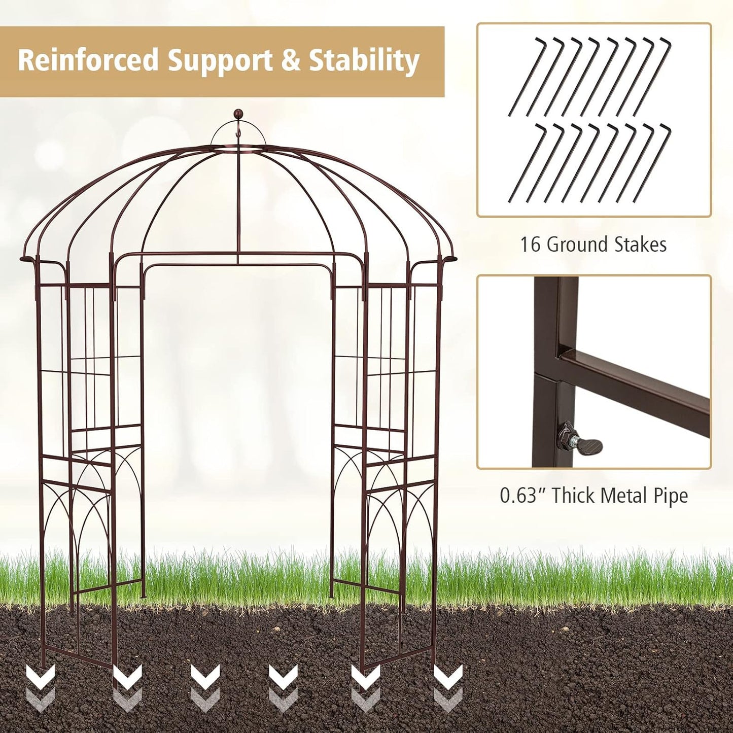 LDAILY Garden Arches Arbors Birdcage Shape, 8.4' H x 7' W Metal Pergola Pavilion with 16 Ground Stakes, French Arch Trellis for Wedding, Party & Outdoor Gardens Supports for Climbing Plants, Brown