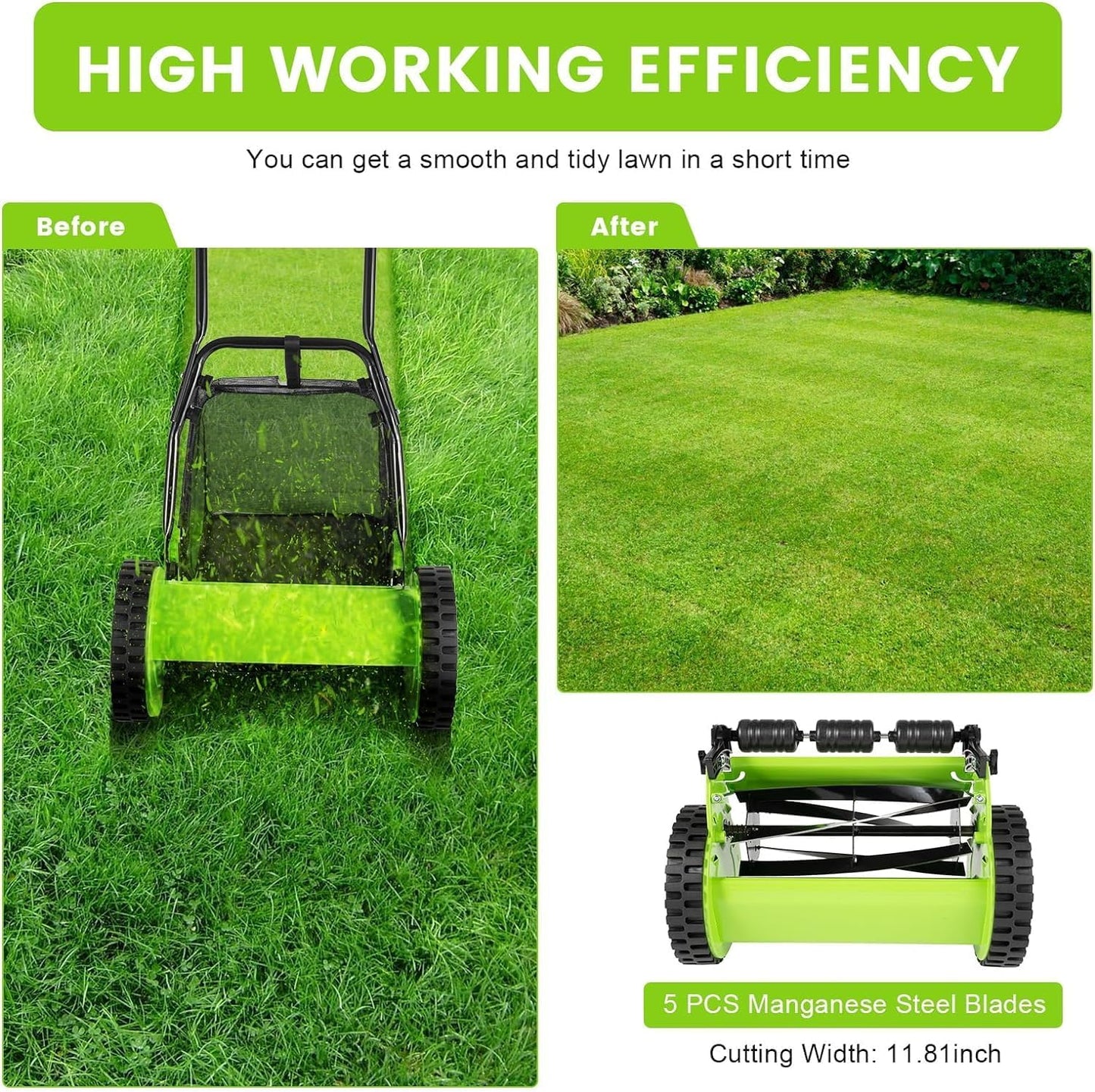 12 Inch Manual Push Reel Lawn Mower with Adjustable Mowing Height, 5 Blades and Collection Bag, Push Lawn Sweeper Grass Catcher Outdoor Power Tools for Picking up Leaves,Grass and Debris on Lawns