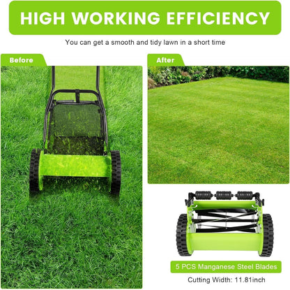 12 Inch Manual Push Reel Lawn Mower with Adjustable Mowing Height, 5 Blades and Collection Bag, Push Lawn Sweeper Grass Catcher Outdoor Power Tools for Picking up Leaves,Grass and Debris on Lawns