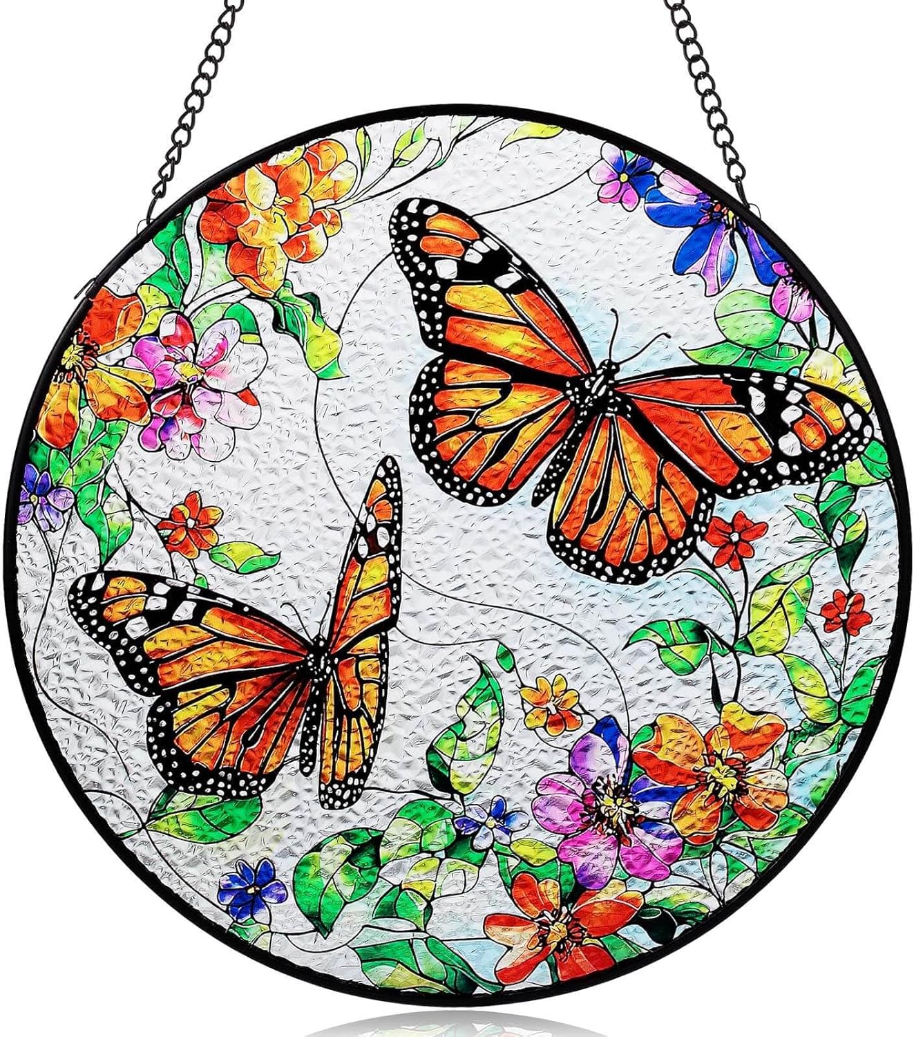 Butterfly Suncatcher Stained Glass Window Hanging - 7.87" Round Sun Catchers Indoor Window Art, Stain Glass Art Panel for Wall Decorations, Memorial Gifts for Women, Mother's Day, Garden & Home Decor