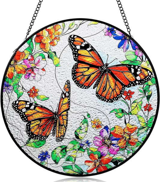 Butterfly Suncatcher Stained Glass Window Hanging - 7.87" Round Sun Catchers Indoor Window Art