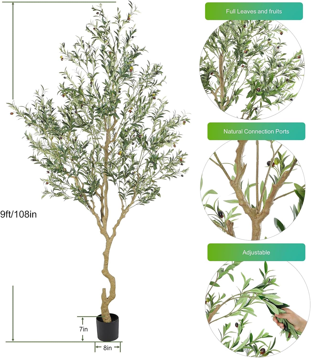 Tall Faux Olive Tree，9ft（108in） Realistic Potted Silk Artificial Olive Tree， Fake Olive Trees Indoor with Green Leaves and Big Fruits for Home Office Living Room Stairs Patio Decor.