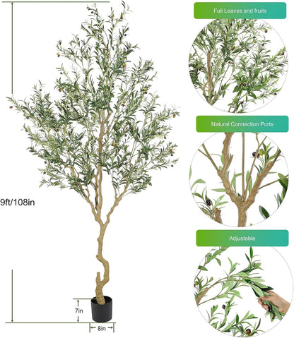 Tall Faux Olive Tree，9ft（108in） Realistic Potted Silk Artificial Olive Tree， Fake Olive Trees Indoor with Green Leaves and Big Fruits for Home Office Living Room Stairs Patio Decor.