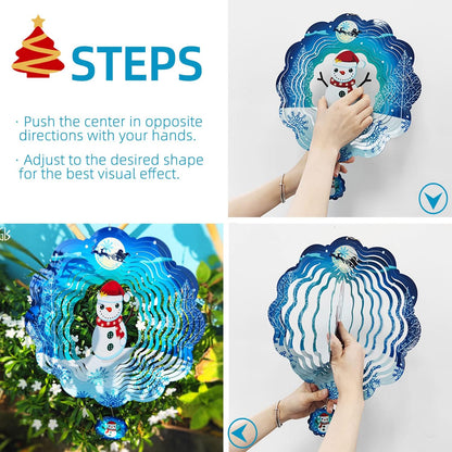 Christmas 3D Wind Spinners Hanging, 12in Large Stainless Steel Yard Sculpture for Winter Outdoor Indoor Garden Yard Crafts Ornaments Decoration(Christmas Snowmen)