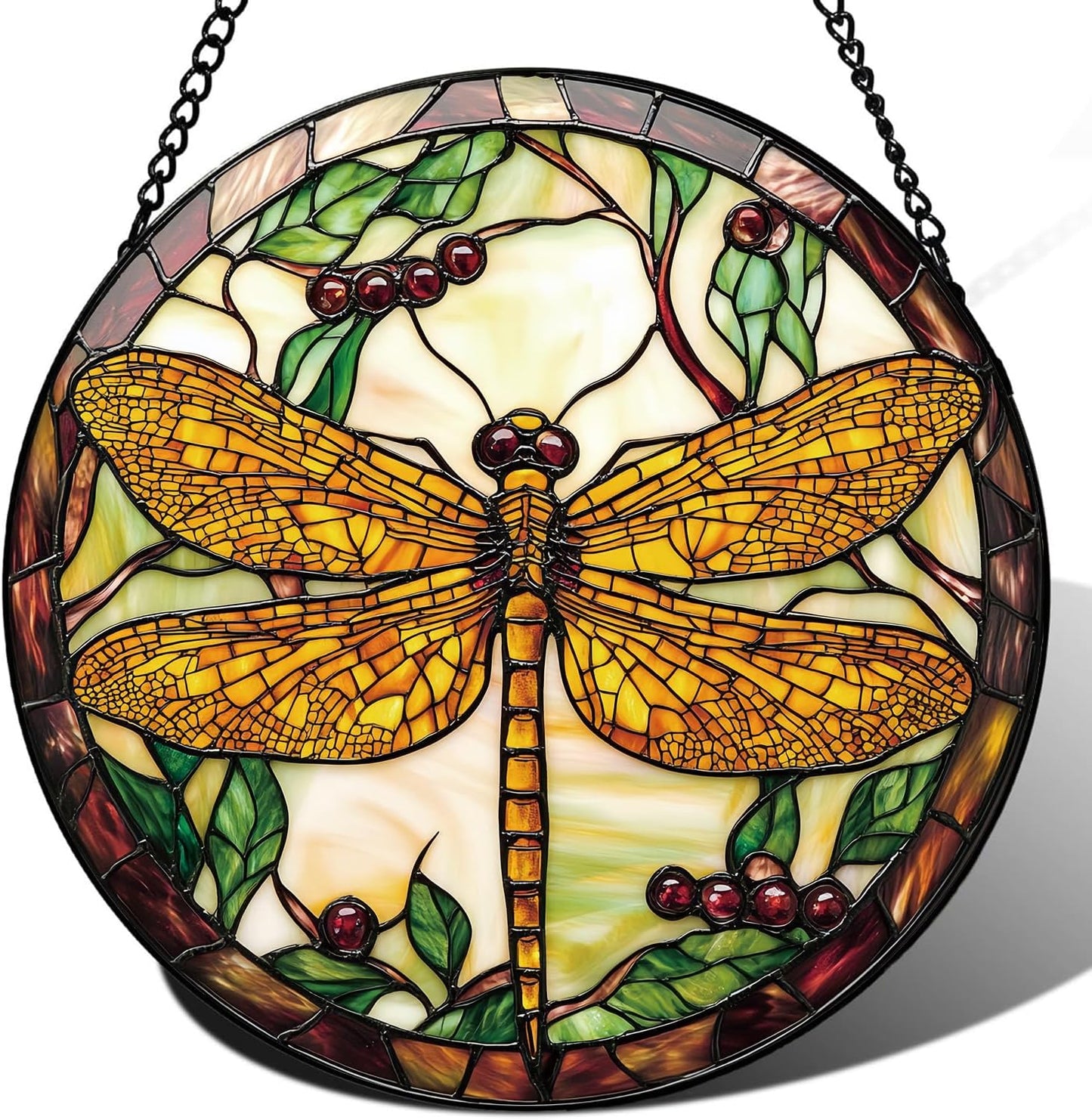 Dragonfly Plant Suncatcher -7.9 in Stained Glass Window Hanging Sun Catcher Garden Decor