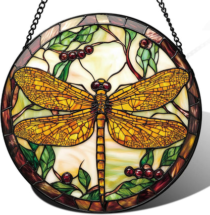 Dragonfly Plant Suncatcher -7.9 in Stained Glass Window Hanging Sun Catcher Garden Decor