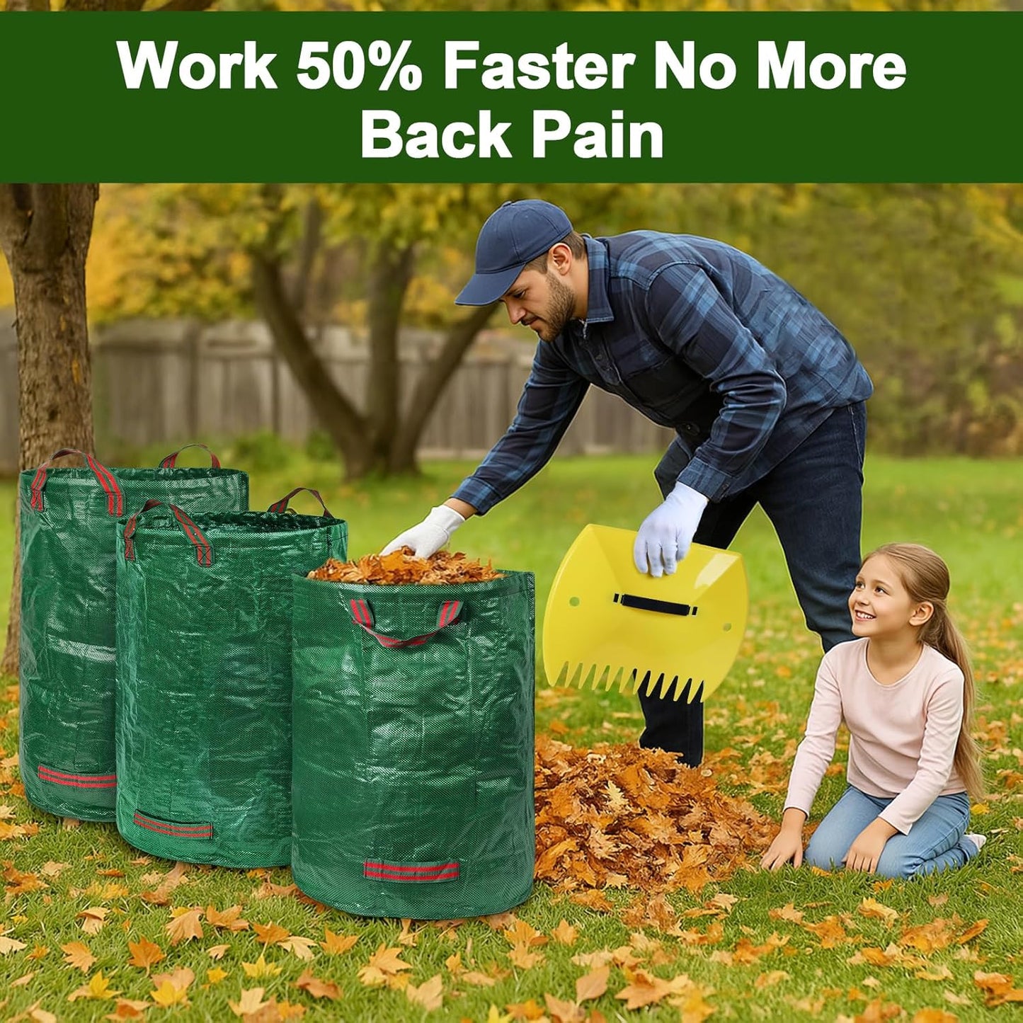 3-Pack 32 Gallon Yard Waste Bags with Leaf Scoop — Collapsible, Stand-Open Garden Bags with Reinforced Handles, Heavy-Duty Reusable Lawn Containers for Leaves, Weeds & Debris