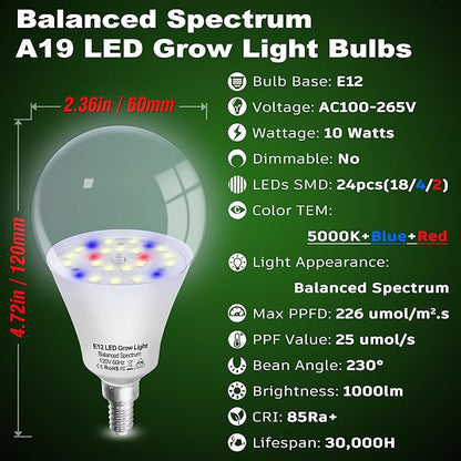 E12 Candelabra Grow Light Bulbs for Indoor Plants Full Spectrum,Small Base Grow LED Lamp Bulb 10W with Balanced Spectrum 5000K Red Blue for Seeds Greens Laboratory,School,Greenhouse, Hydroponic,3Pack