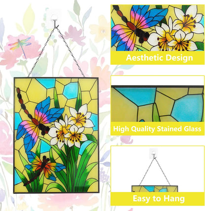 Stained Glass Window Hanging, Dragonfly Glass Art Decor, Sun Catchers Indoor Window, Rectangle Suncatchers for Windows Hanging, Stained Suncatcher for Room Balcony Garden Patio