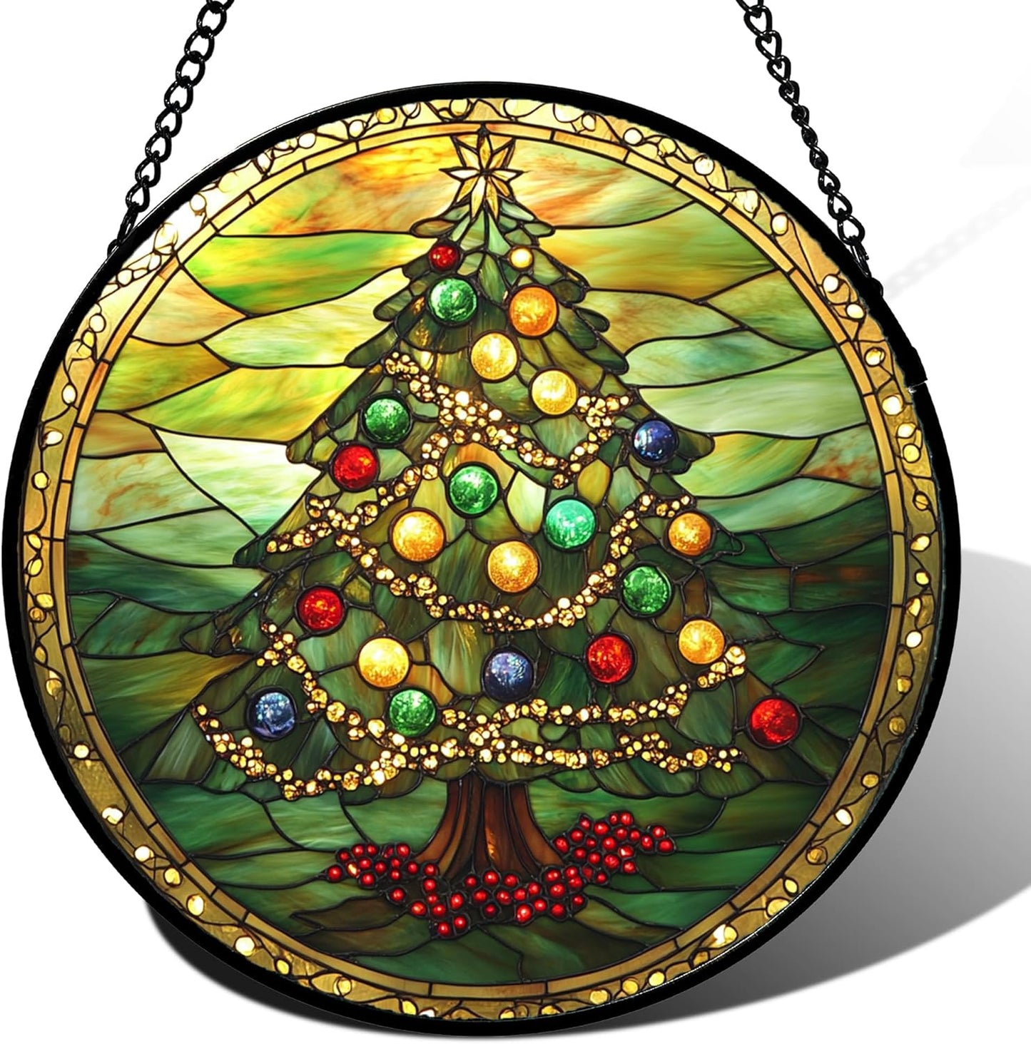 Stained Glass Window Hanging - Green Christmas Tree Gold Ribbon Suncatcher for Doors Home Christmas Decoration Sun Catcher Thanksgiving New Year Birthday Gifts for Women Men Mom Nana 15 in