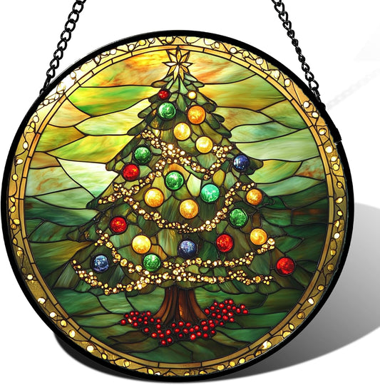 Stained Glass Window Hanging - Green Christmas Tree Gold Ribbon Suncatcher for Doors Home Christmas Decoration Sun Catcher Thanksgiving New Year Birthday Gifts for Women Men Mom Nana 15 in