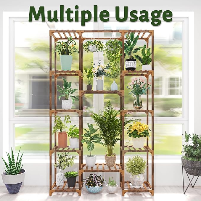 Uneedem Plant Stand Indoor Outdoor, Tall Plant Shelf for Multiple Plants, 12 Tiers 14 Pot Large Plant Rack Wood Plant Holder Plant Shelves for Room Corner Balcony Garden Patio