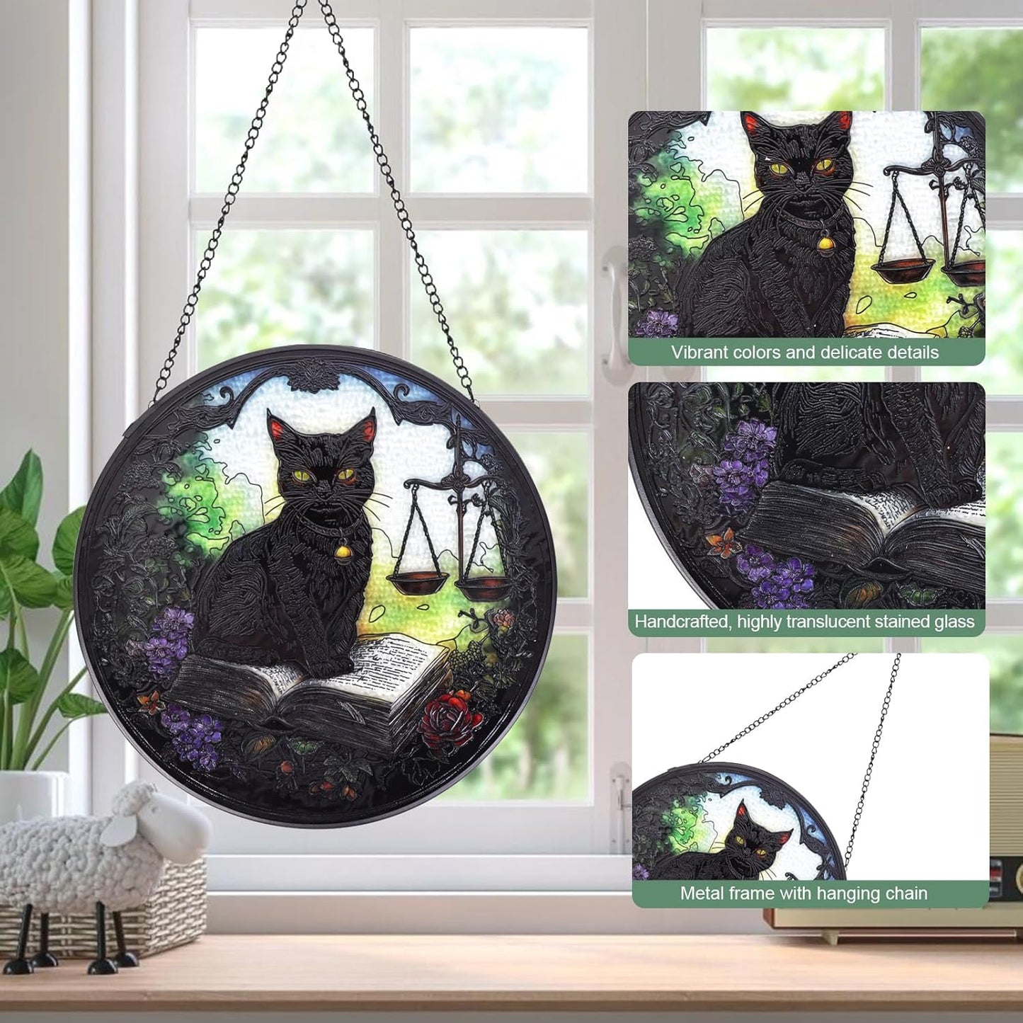 Black Cat Handmade Stained Glass Window Hanging Suncatcher with Chain - 7.9" Outdoor/Indoor Art Decor for Home Garden, Wedding, Mother's, Valentine's & Christmas Ornaments Present