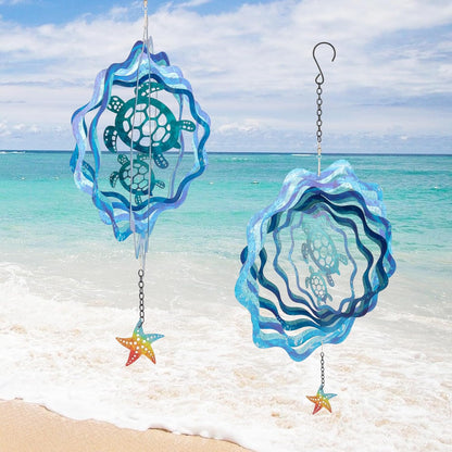 Sea Turtle Hanging Wind Spinners - 12 Inch 3D Kinetic Outdoor Large Metal Wind Spinner Blue Wave and Turtle Pattern with Starfish Pendant for Yard and Garden Decoration Laser Cut Sculpture Art