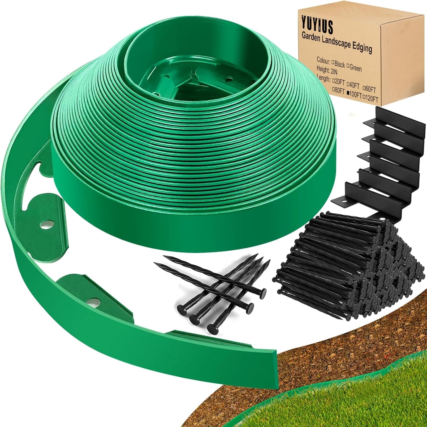 Landscape Edging - Garden Edging Border 100FT 2IN Tall with 150 Stakes, No Dig Lawn Edging for Landscaping for Garden Bed, Yard, 0.15" Thick Flower Bed Border Edging with Connector for Outdoor