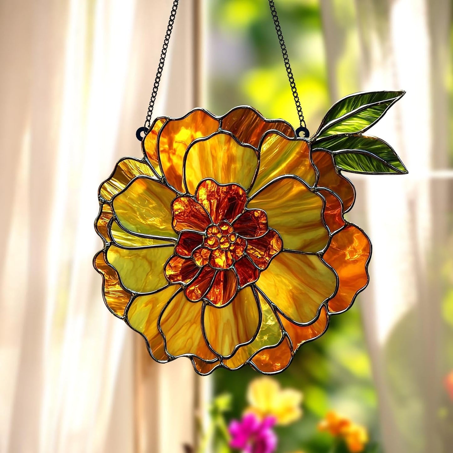 Marigold October Birth Month Flower Acrylic Suncatcher Stained Glass Effect Window Car Hanging Christmas Ornament Indoor Outdoor Decor Garden Sun Catcher Panel Flower Lover Gift for Women Mom Grandma