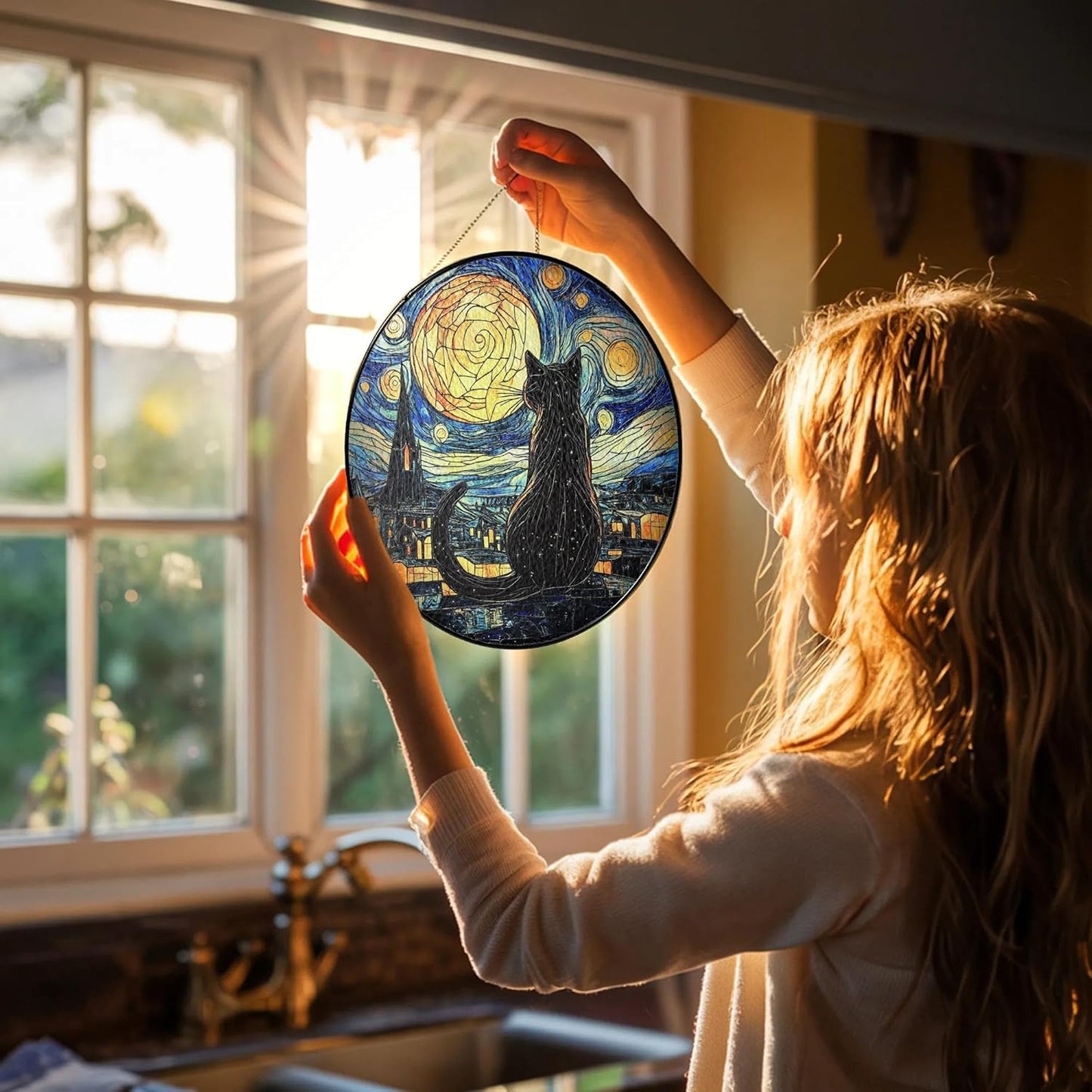 Black Cat Stained Glass Suncatcher Window Hanging Decor for Garden, Suncatcher Panel Ornament Decorations, Memorial Gifts for Cat Lovers, Women Pet Loss Sympathy Gift for Window Living Room Garden