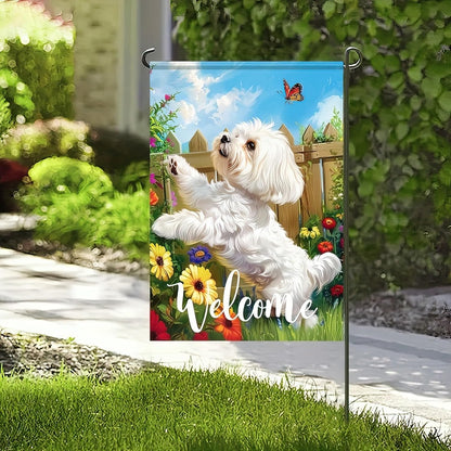 BlissYard Welcome Spring Summer Flowers Maltese Dog Garden Flag Lovely Floral Seasonal Home Decor Banner 12x18 Double Sided Funny Dog Garden Flag Farmhouse Outdoor Yard Decoration Flag