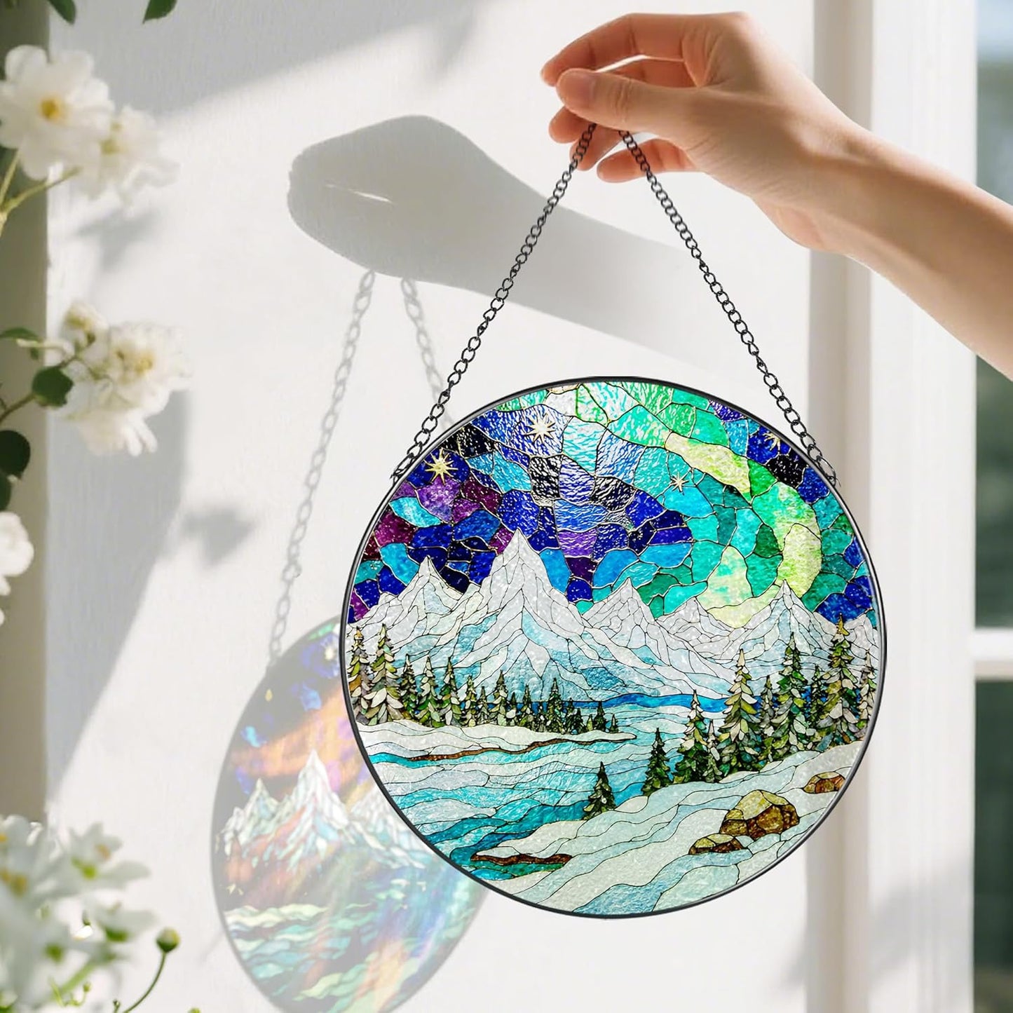 8-Inch Stained Glass Ornament, Stained Glass Window Hanging, Window Hanging Decor Suncatcher, Mountain Landscape Ornament | Holiday, Mother’s Day, Birthday | Gifts for Nature Lovers, Friend & Family