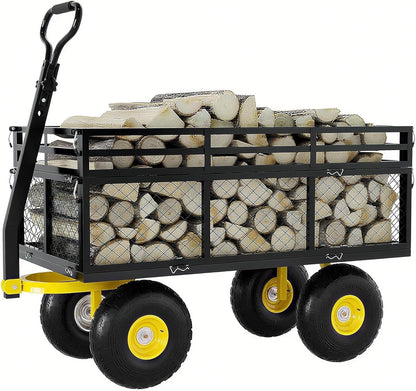 Metal Wagon - 1400lbs Garden Cart with 10" Multi-Terrain Tires, 4 Removable Mesh Sides & 180° Swivel Handle, Yard Wagon Cart for Lawn, Yard, Patio Gardening