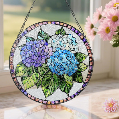 8-Inch Stained Glass Ornament, Stained Glass Window Hanging, Window Hanging Decor Suncatcher, Blue Hydrangea Ornament | Christmas, Mother's Day, Birthday | Gifts for Mom, Garden Gifts for Friends