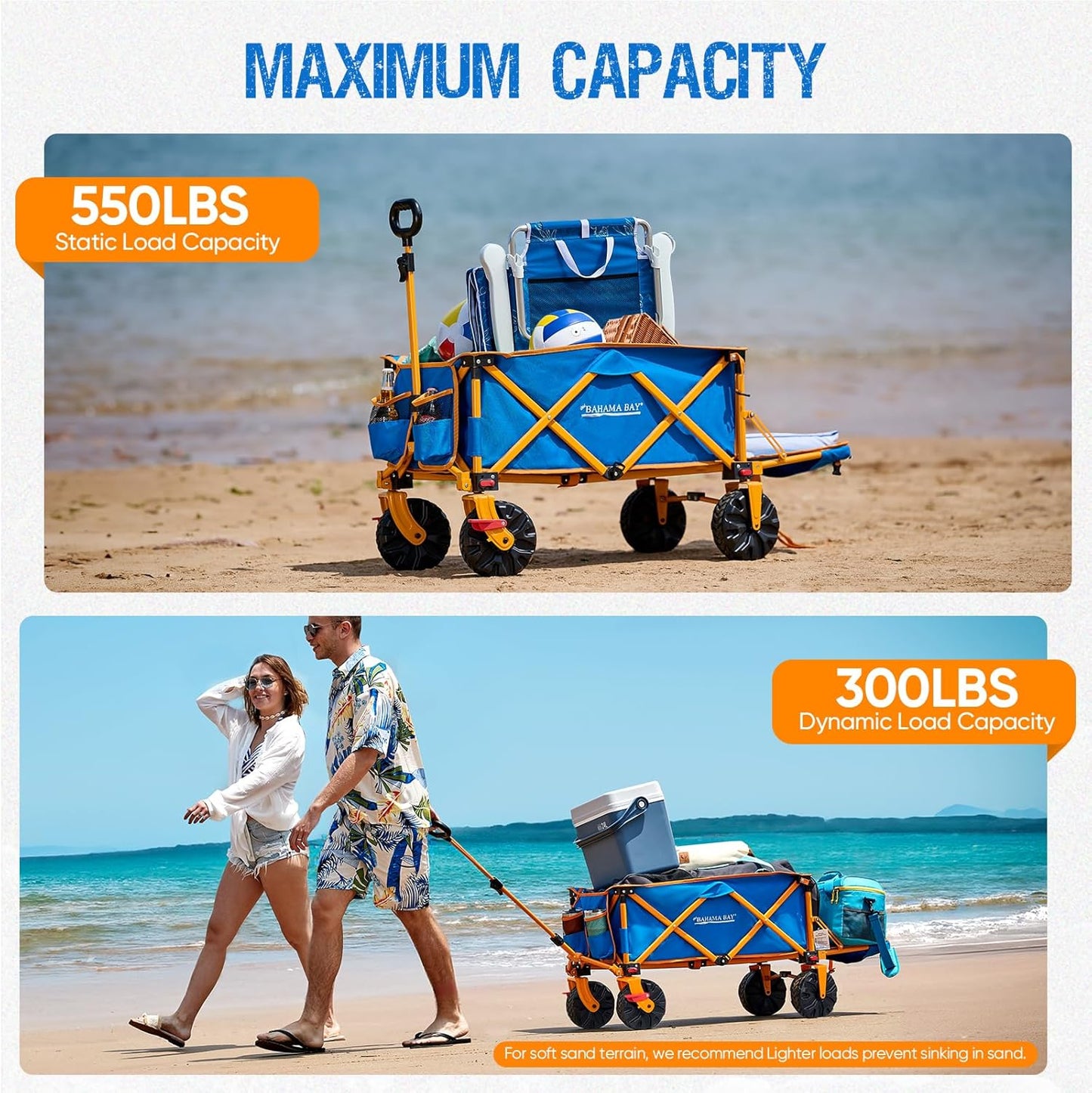 Old Bahama Bay 550lbs Extra Long 49" L Beach Wagon with Big Wheels with Brake for Sand, Collapsible Utility Beach Cart Heavy Duty Folding Wagon,Ideal for Outdoor Sand Camping Garden Pet