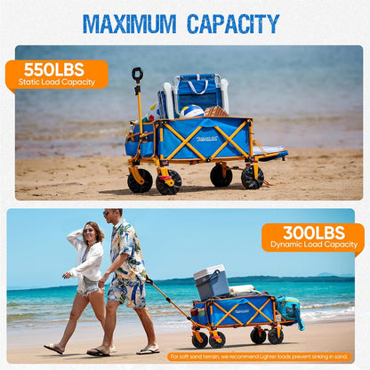 Old Bahama Bay 550lbs Extra Long 49" L Beach Wagon with Big Wheels with Brake for Sand, Collapsible Utility Beach Cart Heavy Duty Folding Wagon,Ideal for Outdoor Sand Camping Garden Pet