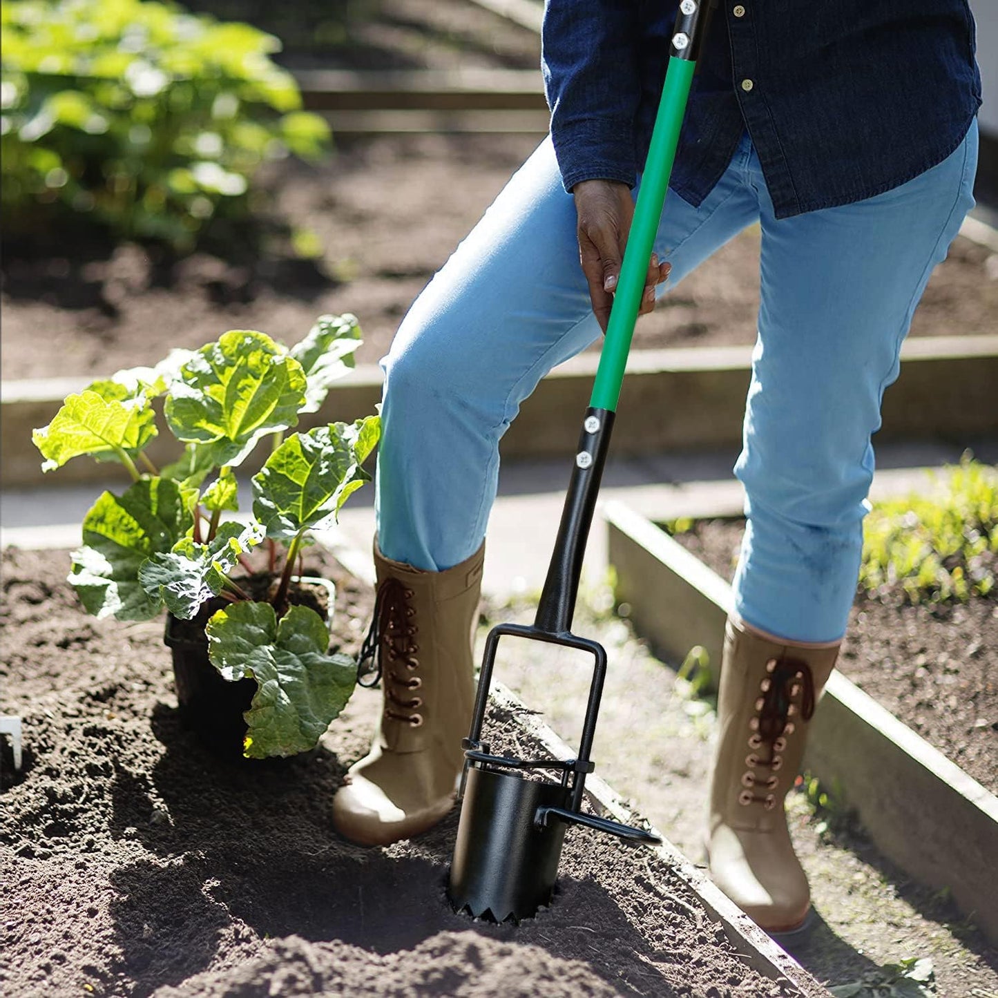 Bulb Planter Tool, Sod Plugger with Long Handle Serrated Base, 5-in-1 Lawn Plug Garden Tool for Transplanting, Digging, Grass Plug, Soil Sampler, Planting for Tulips, Iris, Daffodils
