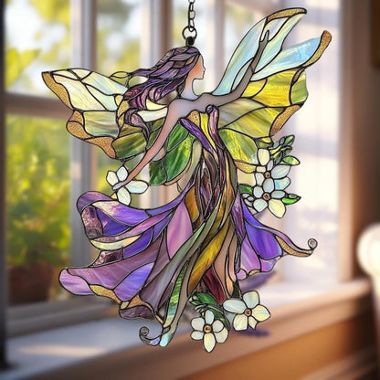 Floral Fairy Acrylic Suncatcher Stained Glass Effect Window Car Hanging Christmas Ornament Indoor Outdoor Decor Garden Sun Catcher Panel Gifts for Fairy Tale Lover for Women Mom Grandma
