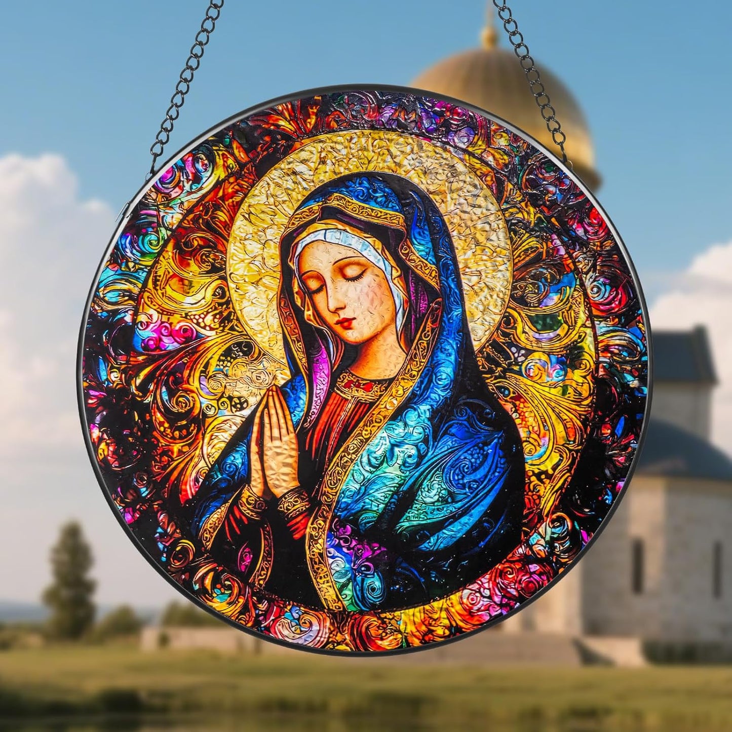 Suncatcher Stained Glass Window Hanging - Mother Mary Glass Panel with Metal Chain and Hooks Handmade Sun Catcher Decoration for Window Garden Home Christmas & Birthday Gifts (8 Inch)
