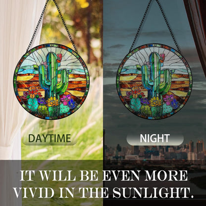 Cactus Suncatcher Stained Glass Garden Window Hanging, Southwestern Desert Cactus Flower Sun Catchers Indoor Window Glass Round Wall Decor, Southwestern Wall Art Hanging Decorations, ＂7.8x7.8＂