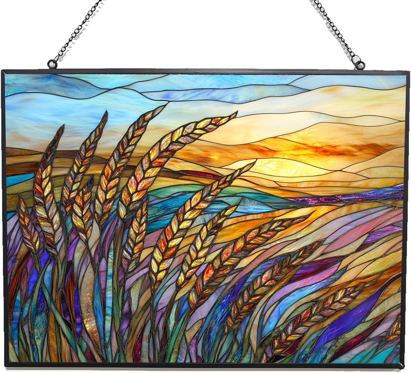 Personalized Rectangle Art Nouveau Swaying Wheat Field Stained Glass Window Hanging, Stained Glass Window Decor Suncatcher for Women, Perfect Home Décor