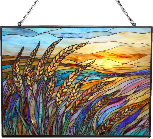 Personalized Rectangle Art Nouveau Swaying Wheat Field Stained Glass Window Hanging, Stained Glass Window Decor Suncatcher for Women, Perfect Home Décor