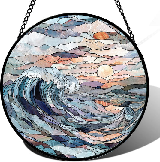 Stained Glass Window Hanging, Sunrise Waves Sun Catchers Diamond Glass Panel Hangings Abstract