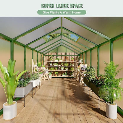 8x12 FT Greenhouse, Easy Assembly Aluminum Polycarbonate Greenhouses for Outdoors with Roof Vent, Large Aluminum Walk-in Greenhouse for Sunroom Patio, Backyard, Garden, Sliding Lockable Door, Green
