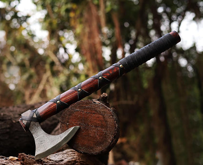 WAZIR Crafts Viking Axe | 17″ Hand-Forged Carbon Steel Tomahawk with Rosewood Handle & Leather Sheath, Bearded Axe for Camping, Bushcraft, Throwing, Gifts for Men (WCA‑015)