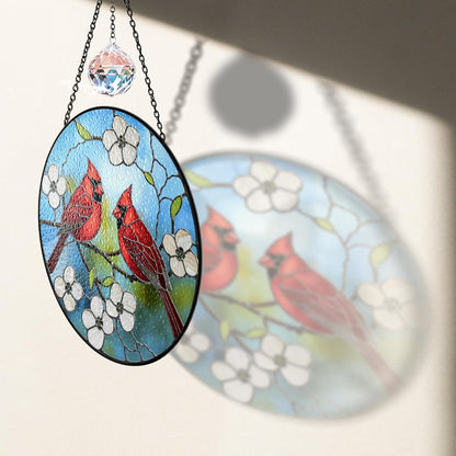 7.8" Cardinal Bird Stained Glass Suncatchers Art Glass Red Birds and Flowers for Sun Catcher Indoor Window Gifts for Nature Floral Bird Lovers Memorial Gift for Women Painted Panel Décor BIRD-37B-SG8