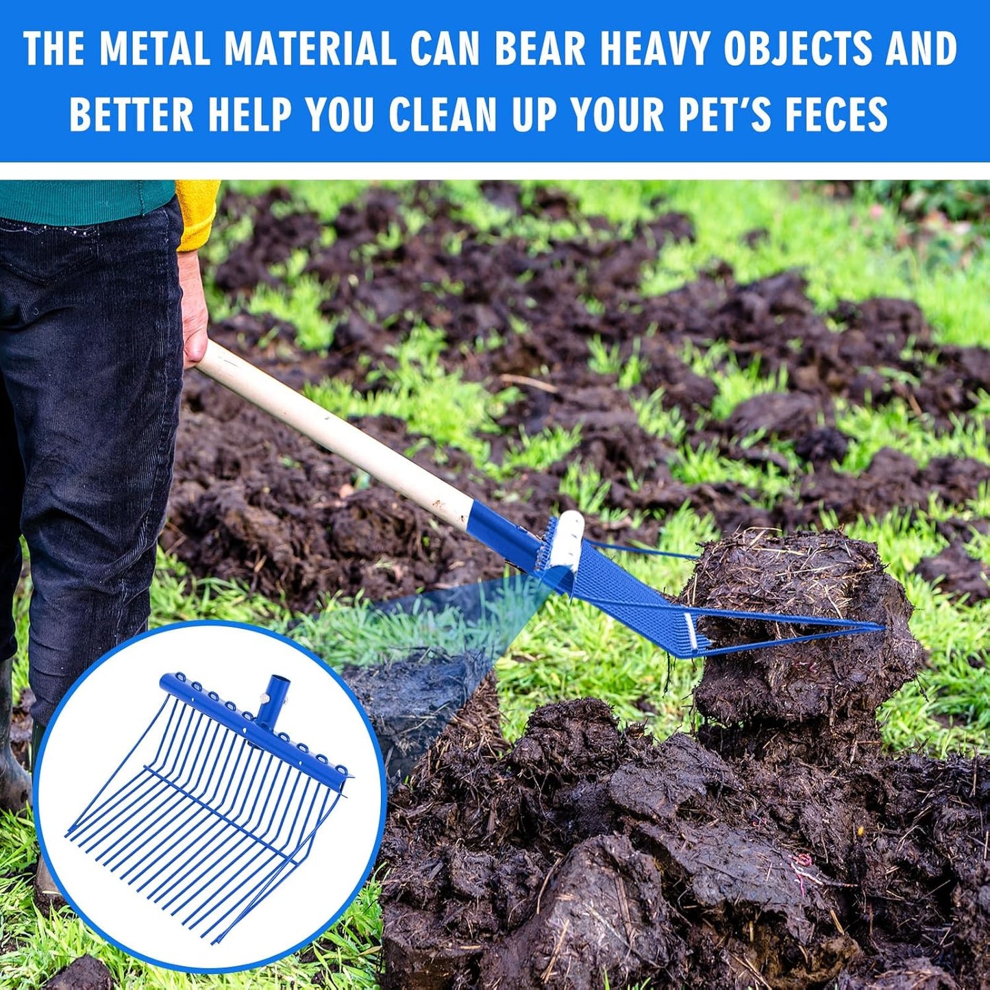 Tandefio 1 Pack Pitchfork Replacement Head Metal Horse Manure Rake Gardening Pitch Fork with Angled Tines for Horse Stall Poop Picking up(Blue)