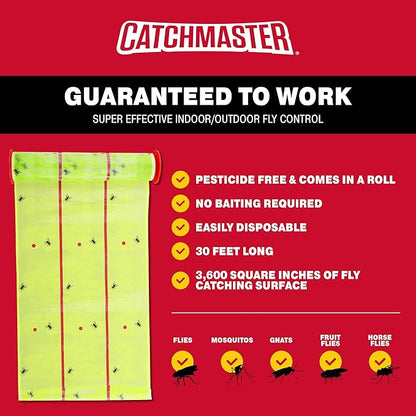 Catchmaster Giant Fly Glue Trap 1-Pack 30 Feet Each, Adhesive Fly Traps Outdoor, Sticky Bug Catcher, Bulk Flying Insect Paper Roll, Pest Control for Garage, Barn, Greenhouse & Garbage Room