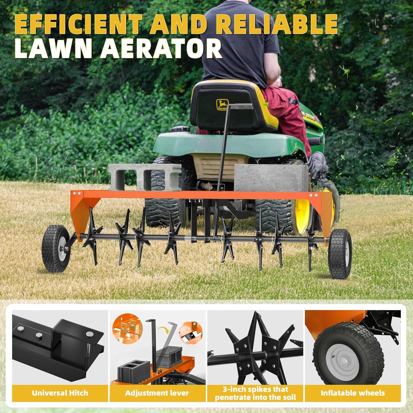 48" Lawn Aerator Tow Behind, Pull Behind Aerator with Universal Hitch, 32 Galvanized Steel Tines, Tray and Pneumatic Tires, Plug Behind Aerator is Suitable for Gardens, Lawns and Farms