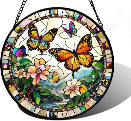 Stained Glass Window Hanging, Butterflies Flying in The Sky Suncatcher for Doors Home Sun Catchers Decoration and Christmas, Mother's Day Birthday Gifts for Women, Men, and Mom 6.3 in