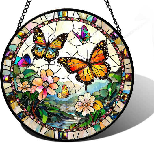 Stained Glass Window Hanging, Butterflies Flying in The Sky Suncatcher for Doors Home Sun Catchers